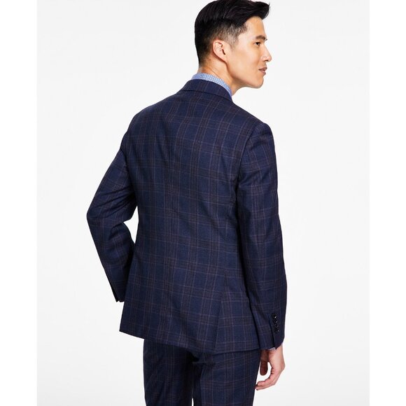 Tallia Men's Slim-Fit Stretch Plaid Suit Jacket Navy/Brown 44R B4HP $425 - Picture 2 of 4
